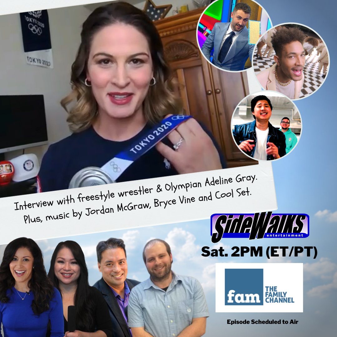 SidewalksTV's tweet photo. Today at 2PM (ET/PT) on #TheFamilyChannel: 
Interview with freestyle wrestler and Olympian #AdelineGray; music by #JordanMcGraw, #BryceVine and #CoolSet.

#FamilyChannel #FamChannel #Network #broadcast #telecast #acrossUSA #USA #Saturday #celebrity #interview #music #musicvideo https://t.co/joTuITPmdS