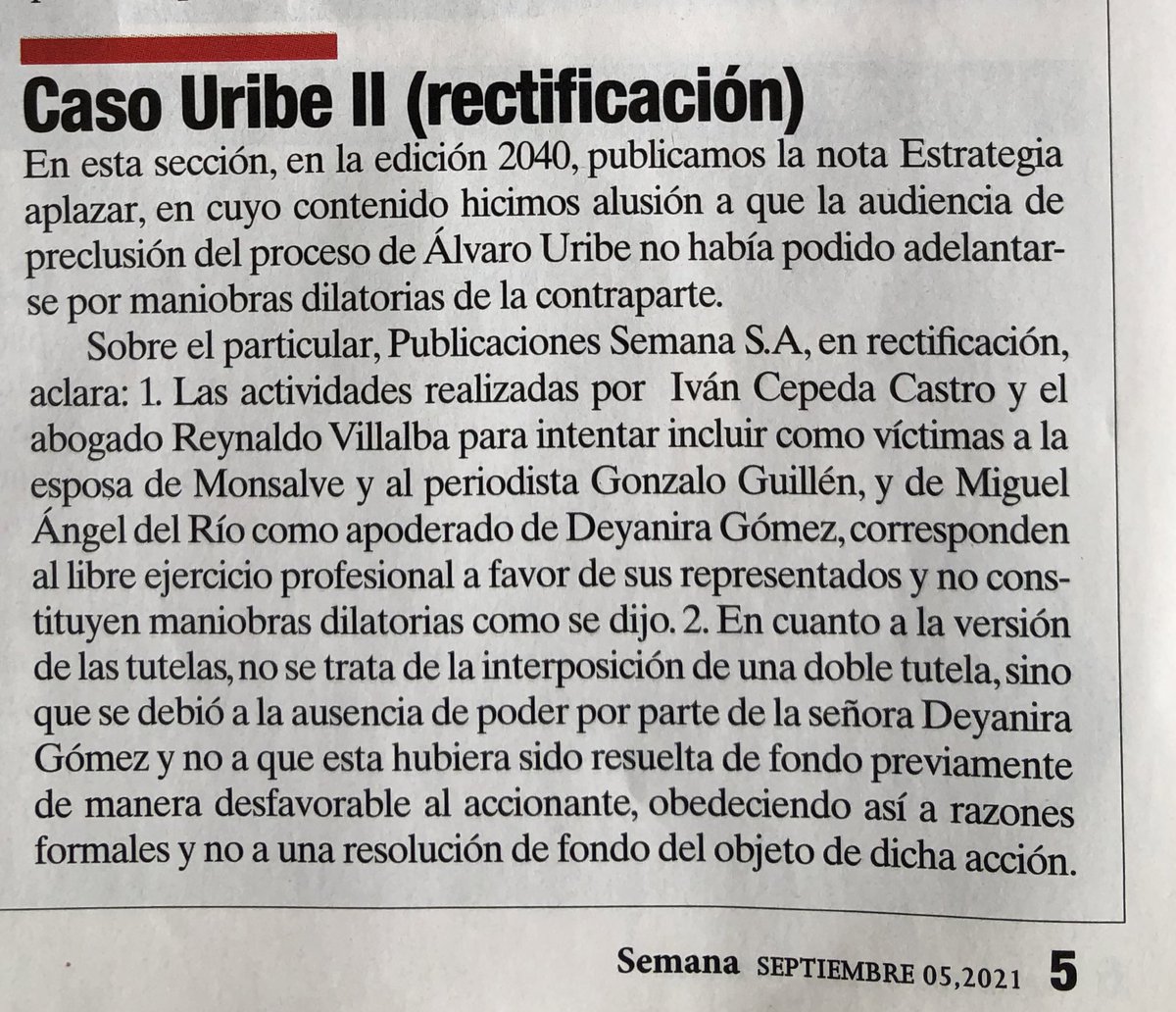 AlirioUribeMuoz's tweet photo. FAVOR difundir al máximo esta rectificación de la @RevistaSemana ya que lo hacen casi que a escondidas BLOQUEADA y no en titular como hicieron la calumnia.

@IvanCepedaCast @GustavoBolivar
@petrogustavo @DavidRacero
#SemanaSeRetracta https://t.co/ipdlF2v3Mg https://t.co/XH3lVZU6fx
