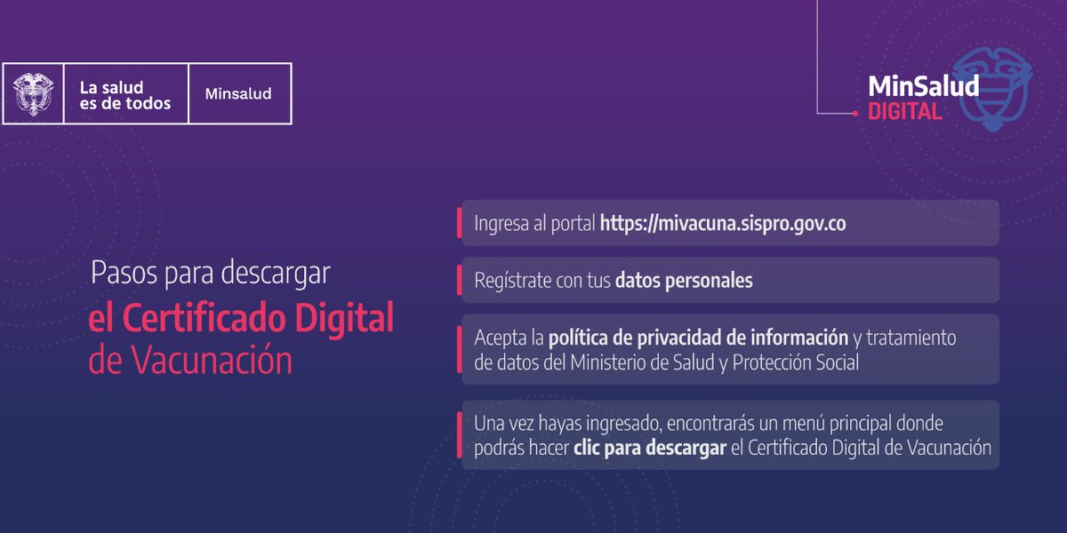 MinSaludCol's tweet photo. Ingresa a 👉https://t.co/y3TyxiSeyO, sigue los pasos que te dejamos a continuación y accede de manera gratuita y segura para obtener tu #CertificadoDigitalDeVacunación. https://t.co/OhjDxZ0EdN