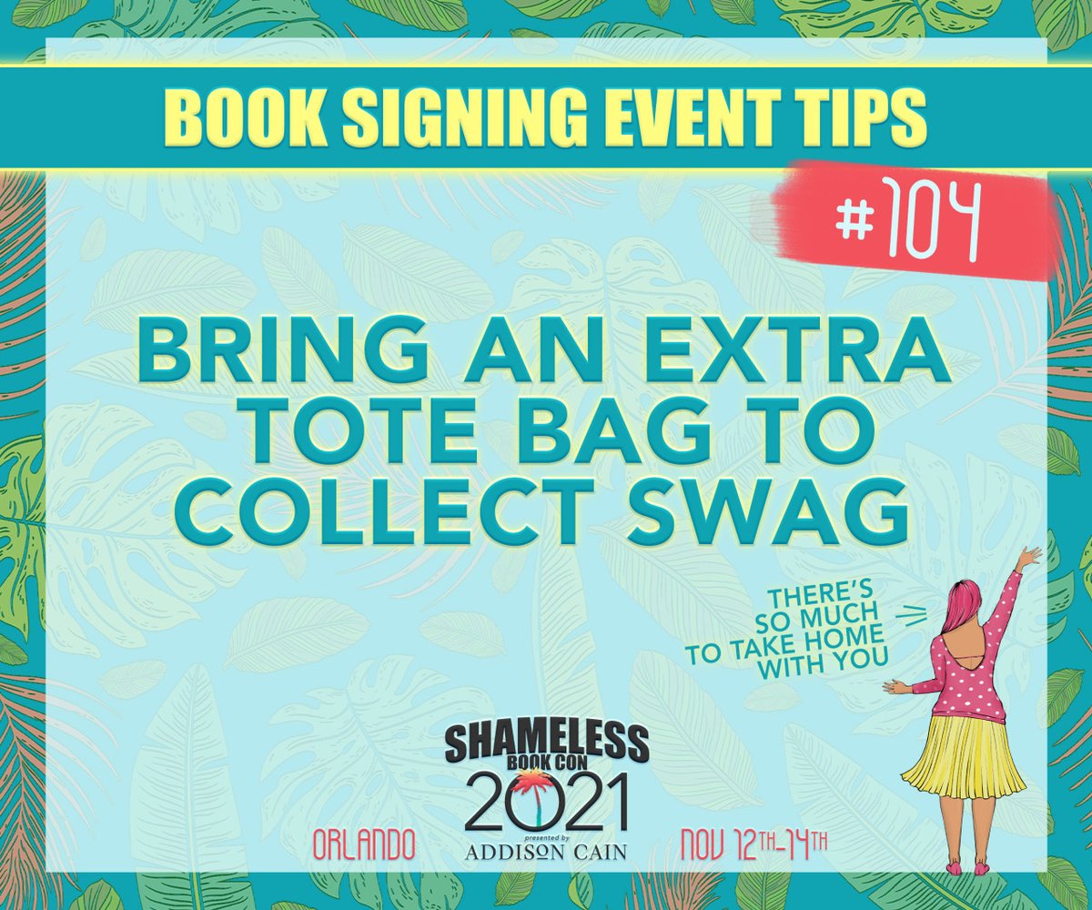 Book Signing Event Tips #104 
Bring an extra tote bag to collect swag! You'll probably get a tote bag with your ticket into most book signings. (Depending on your ticket, you will at #Shameless21!) But that tote bag is proba... shamelessbookcon.com/collections/me…
#HowToBookSigning #EventTips