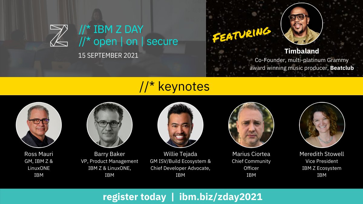 👩🏽‍💻Developers/Students- Sign up &amp; skill up on #enterprisecomputing @ #IBMZDay Sept 15   
->> ibm.biz/zday2021

Join THOUSANDS to hear from 150 industry experts across 5 learning tracks &amp; celebrity keynote✨🔥<a href="/Timbaland/">Timbaland</a> 🎵!!

@IBMZ <a href="/IBMDeveloper/">IBM Developer</a> @IBMCommunity <a href="/mentorafrika/">Dr. Melissa Sassi 👑🐧🌍</a>