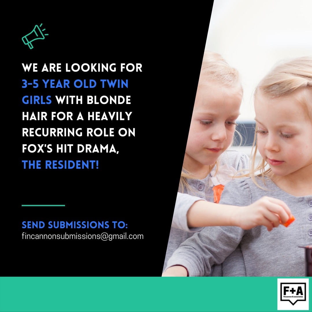 facasting's tweet photo. We are looking for 3-5 year old blonde girls (twins preferred) for a heavily recurring role in #TheResident! Check it out and spread the word! fincannonsubmissions@gmail.com @theresidentonfox #fincannoncasting #theresident #twinscasting https://t.co/yPpju6BbUe