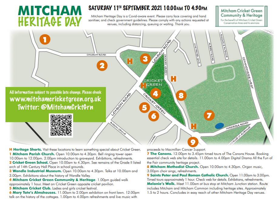11 Mitcham Heritage Day highlights on Saturday - No 2 - Heritage Shorts self-guided tour - learn more about Mitcham Cricket Green at a range of information points shown on our downloadable map mitchamcricketgreen.org.uk/2021/07/25/mit… #MHD2021