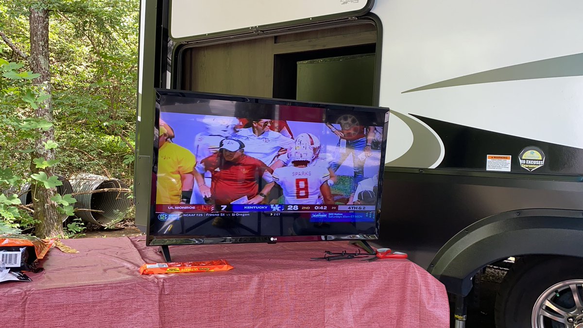sham_tam's tweet photo. Added our camper’s bedroom tv to the outdoor one to watch all the football today while we are camping!! #footballisbackbaby https://t.co/gbb5mEl5RM
