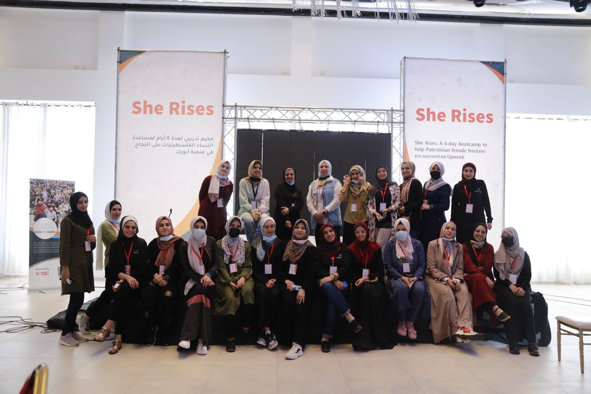 GazaSkyGeeks's tweet photo. What makes #GSGSheRises a very special event is that our most accomplished Freelance Academy graduates are volunteering to mentor and co-mentor participants in this Bootcamp. We believe in youth power, passion, and teamwork, and we know change when we see it! https://t.co/T9HVmdJLKS