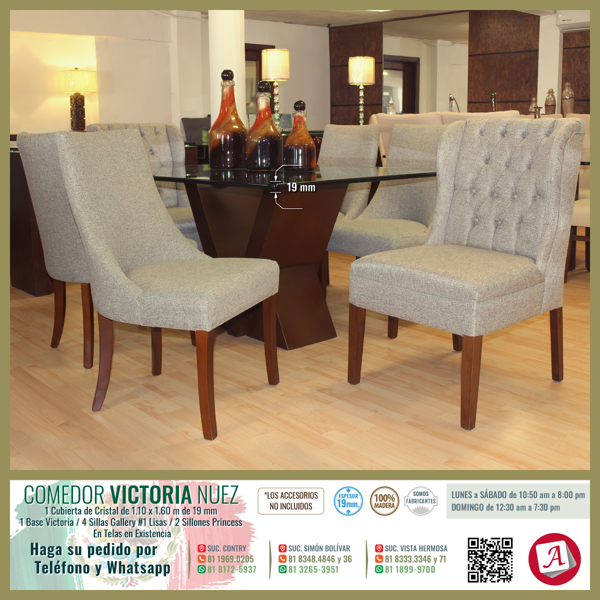 AragonMuebles's tweet photo. COMEDOR MODELO VICTORIA NUEZ, con 1 Cubierta de Cristal de 1.10 x 1.60 m de 19mm, 1 Base Victoria, 4 Sillas Gallery #1, 2 Sillones Princess, en telas en existencia, ¡LLEVESELO! Pregunte por el precio WhatsApp: 81 81725937, 81 32653951, 81 18999700, #aragonmueblesydecoracion https://t.co/MCE1kKYK27