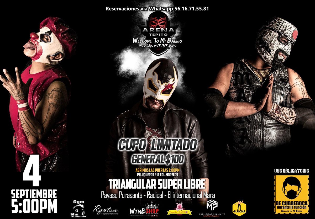 mas_lucha's tweet photo. Parte de la cartelera que presenta Welcome to mi Barrio para HOY en la @ArenaTepito 🤼‍♂️💀

⏰ 5:00PM | 📍Peluqueros #12 Col. Morelos 🎫 Punto de Venta en Taquería Chabelo https://t.co/OoYoaJ65JW