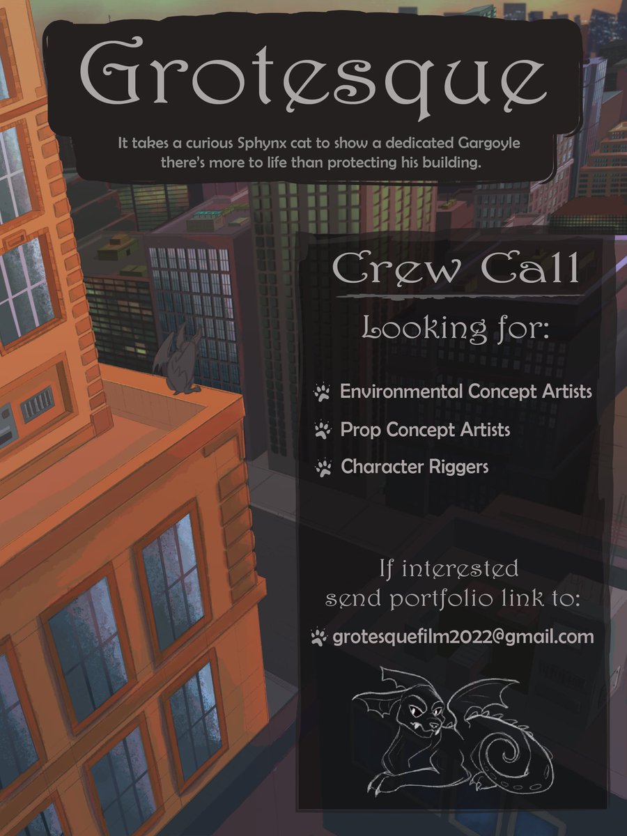 The Grotesque team is on the lookout for environment and prop concept artists and 3D character riggers! Help us bring our city and cast of unique character to life! Email your portfolio or demo reel to grotesquefilm2022@gmail.com if interested. #GrotesqueFilm2022