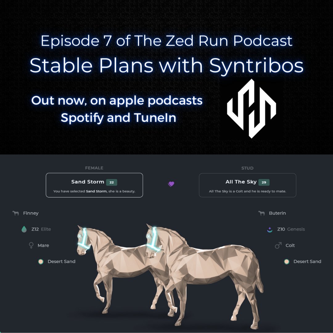 thezedrunpod's tweet photo. New Episode up now with the man @SyntribosStable, I'm so grateful to this gent for taking time on Saturday to speak with me so we can all learn a bit more about the wonderful world of Zed Run. This episode is loosely based around stable plans #ZedRun #NFTs #zedstable #horseracing https://t.co/h9bWtYc0Cn