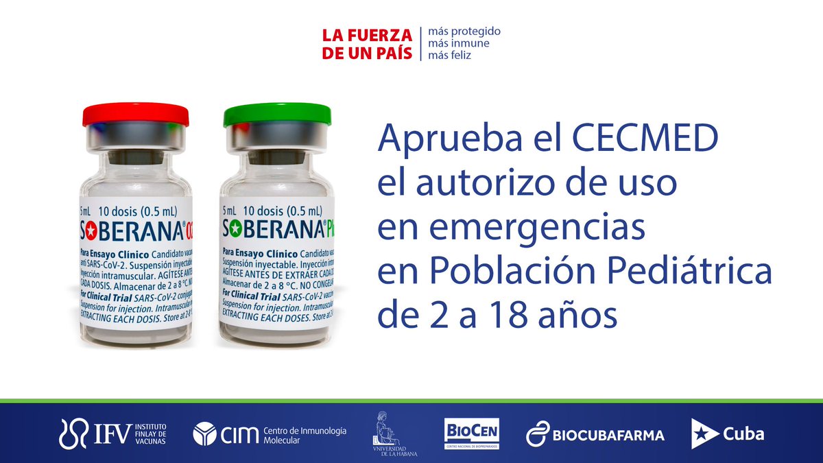 El autorizo por el <a href="/cubacecmed/">CECMED</a> de la vacuna Soberana 02 para uso en emergencias, en niños de 2 a 18 años, es uno de los hitos más importantes en esta batalla contra la #COVID19. Que alegría que podamos comenzar a proteger a nuestros niños, proteger el futuro.