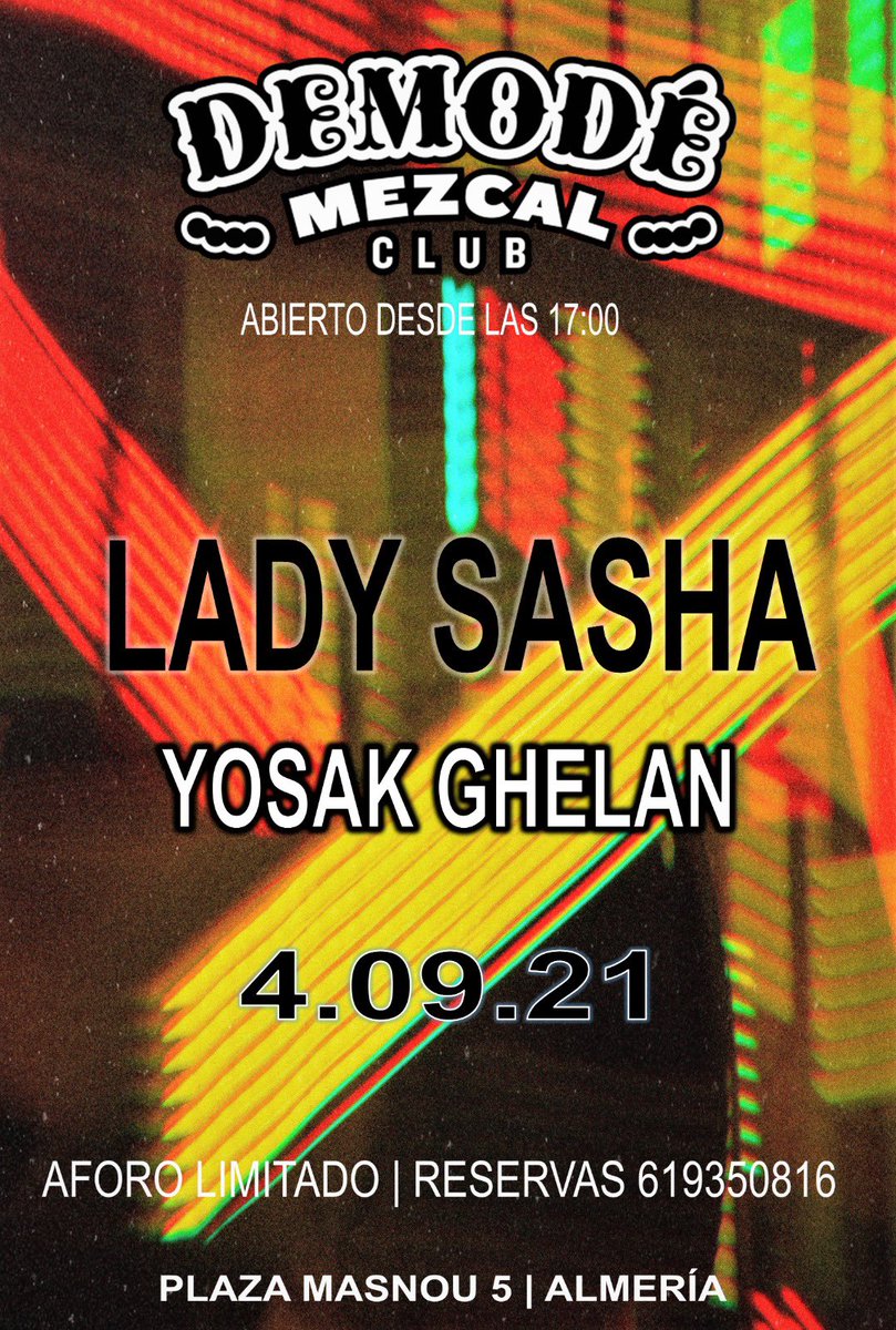 En un par de horas estaré ofreciendo un set de #techno en #DemodéMezcalClub (Almería). Cerrará la noche #LadySasha a partir de las 01:00 h.