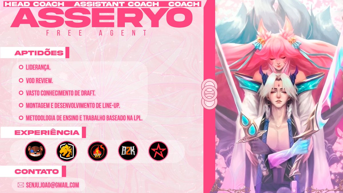 Venho anunciar que me encontro Free Agent e aberto a propostas para  CBLOL/ACADEMY/LLA/LVPs.
 
Atualmente treinando a line up da <a href="/oxgoficial/">ONE-X GaminG</a> classificados para Logitech G Challenge etc.

Portfólio/CV via DM ou ✉ senju.joao@gmail.com

RT's / favs são apreciados!