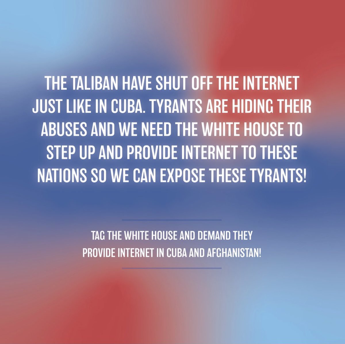 MaElviraSalazar's tweet photo. While tyrannical regimes continue to commit human rights abuses against its people, the White House continues to refuse to stand for freedom. Tag the White House and demand they provide internet and allow the oppressed to speak freely! #SOSCuba https://t.co/zNSW1L7Fnt