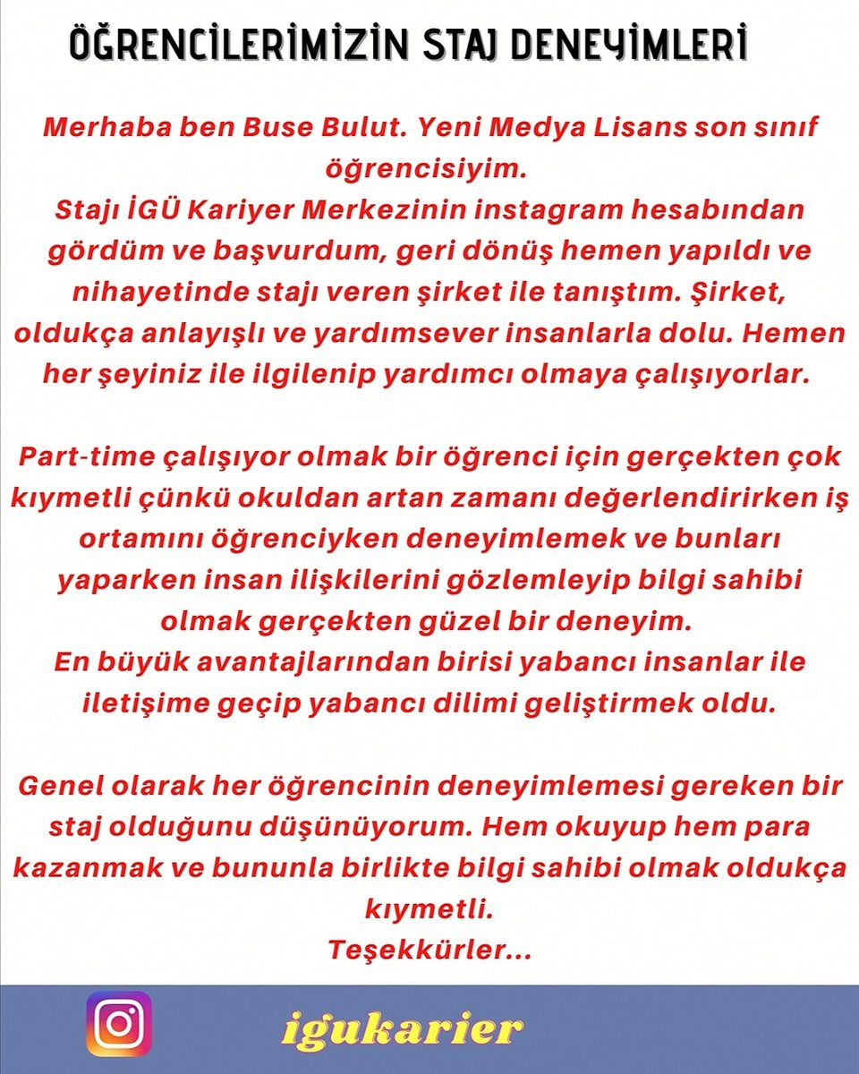 Öğrencilerimizin Staj, Part Time İş Deneyimleri Paylaşımları!!!!
#kariyer #seninkariyerin #igukariyer