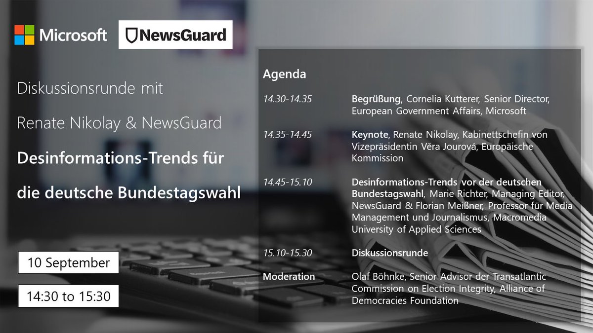 Hey all German speakers! 📣
Join our roundtable discussion on disinformation trends in the #btw2021 next Friday &amp; learn more about the work of @EuropeanCommission &amp; <a href="/NewsGuardRating/">NewsGuard</a> to promote free &amp; fair elections &amp; strengthen #mediafreedom 🇩🇪🗳️
➡️microsoft.com/en-eu/european…