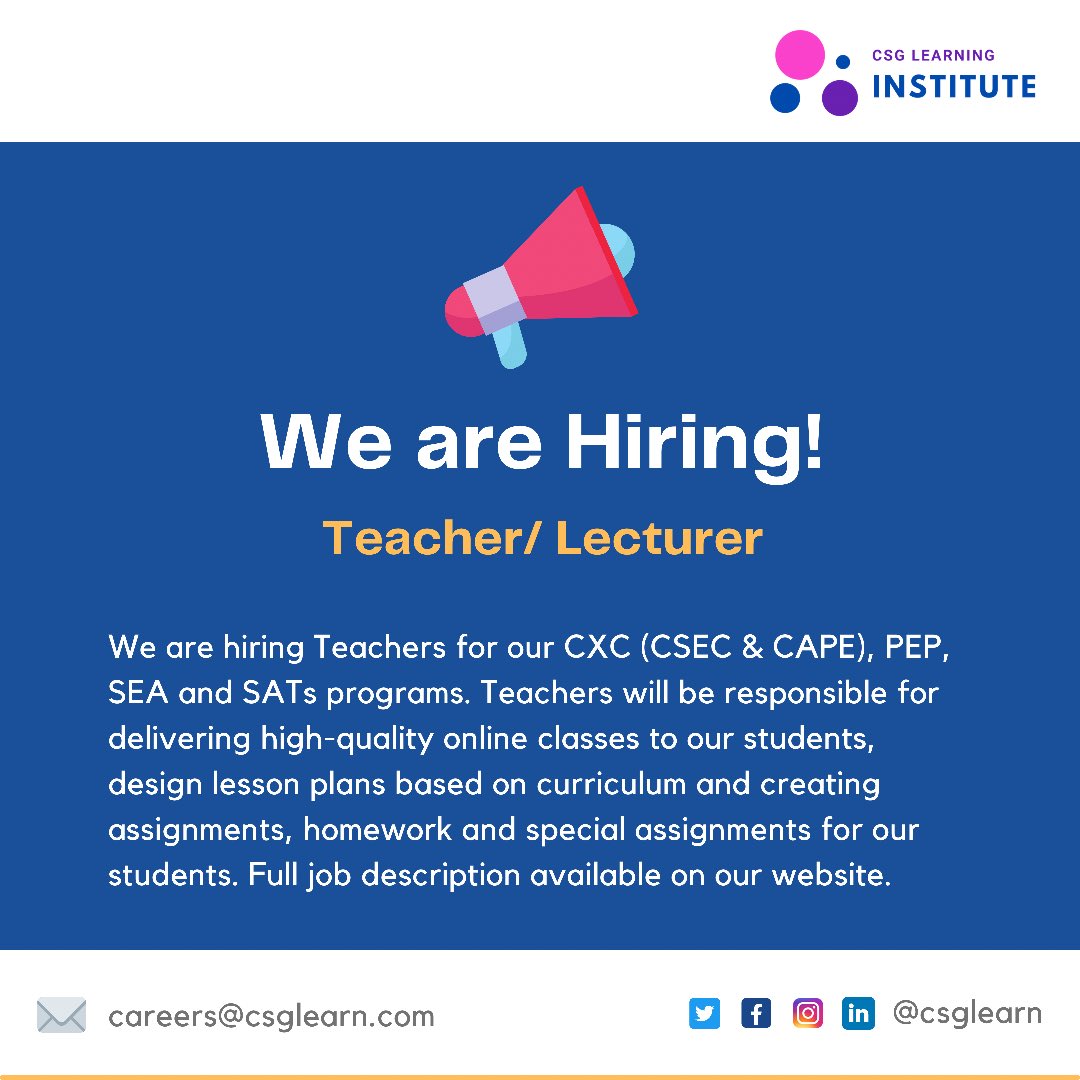 csglearn's tweet photo. We’re hiring!

We are hiring Teachers for our CXC (CSEC &amp; CAPE, all subjects), PEP, SEA and SATs programs. Please apply on our website at https://t.co/cMpBNA4yrF. https://t.co/ZGnBoYy3mL