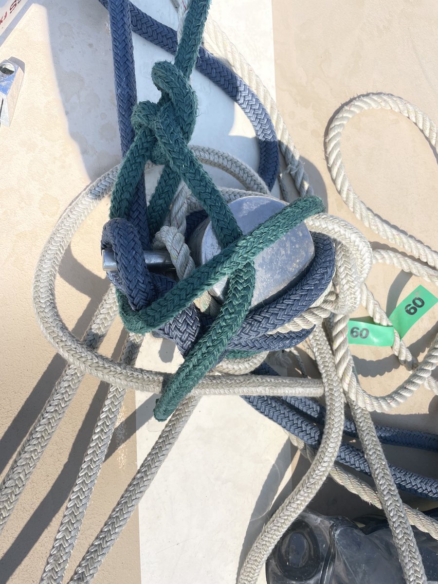 DonKohlmann's tweet photo. Just finished Ashley’s Book of Knots, cover to cover.  I couldn’t have possibly accomplished this before.  This is the “multiple rolling half tangle” so proud.  Rafted at the Brunswick Airshow today.  Sometimes you just need a bigger bit. https://t.co/VMVwMT1RDH