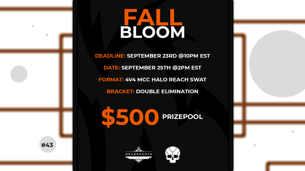 SWAT_Nation's tweet image. As you all know, Halo Reach won our last poll so as promised, here is our next tournament.

Fall Bloom:

☠️September 23rd @ 10pm EST 
📆 September 25th @ 2pm EST 
💠4v4 MCC Halo Reach SWAT
🎫Double Elimination
✒️swatnation.net/main-event/fal…

💰$500 Prizepool💰