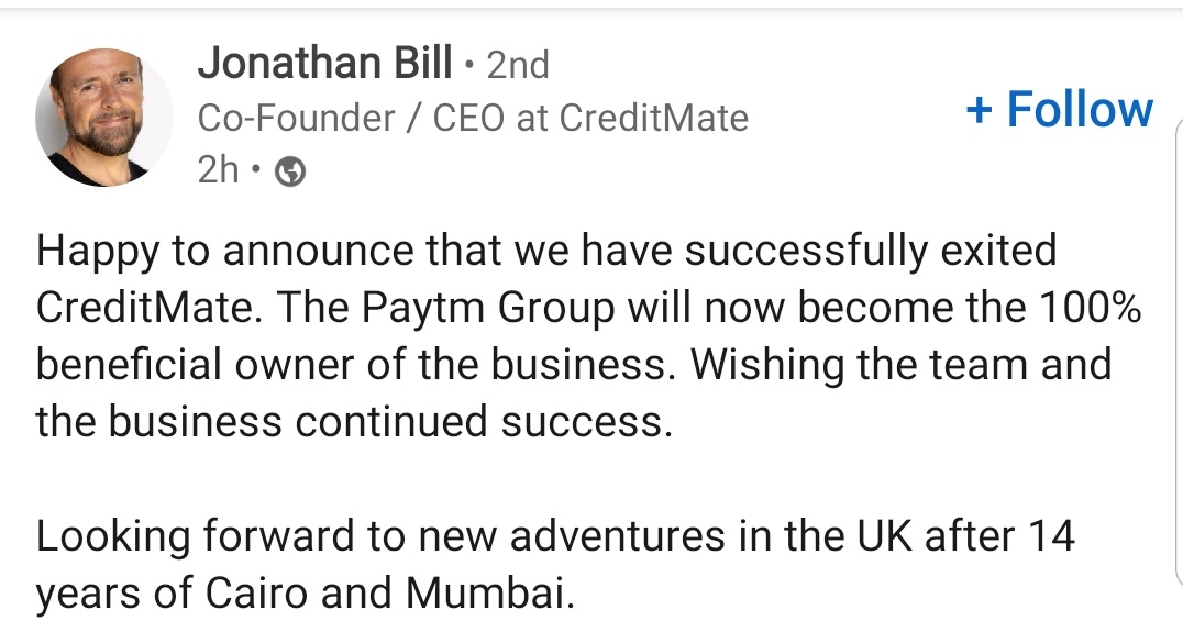 sameerdixit16's tweet image. #BigDevelopment 

- CreditMate exits PayTM Group
- Paytm Group will now become 100% beneficial owner of the Business
- CreditMate CEO makes the announcement
- CEO moves back to UK
@Paytm @jonsonbill @creditmate @vijayshekhar @mdeora1 @ETNOWlive @ETtech