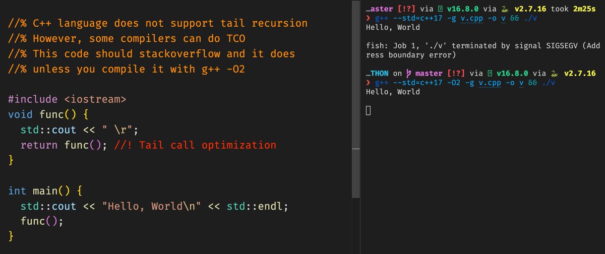 SanjayVyas's tweet image. C++, as a language, does not support tail recursion. However, compilers like gcc and MSVC do implement it if optimization flags are used.
Here is an example of the same code giving stackoverflow with -O2 flag and runs forever with it
#tailrecursion #CPP