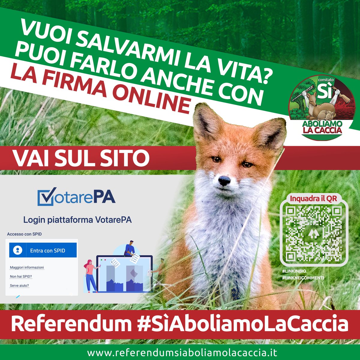 AboliamoCaccia's tweet image. #FIRMAONLINE per richiedere il #Referendum #SiAboliamolaCaccia Potremo essere il primo Paese a vietare una pratica violenta non necessaria, che ogni anno mette uccide tanti animali, inquina l'ambiente e mette in pericolo vite umane.
Link per firmare referendumsiaboliamolacaccia.it/firma-digitale/