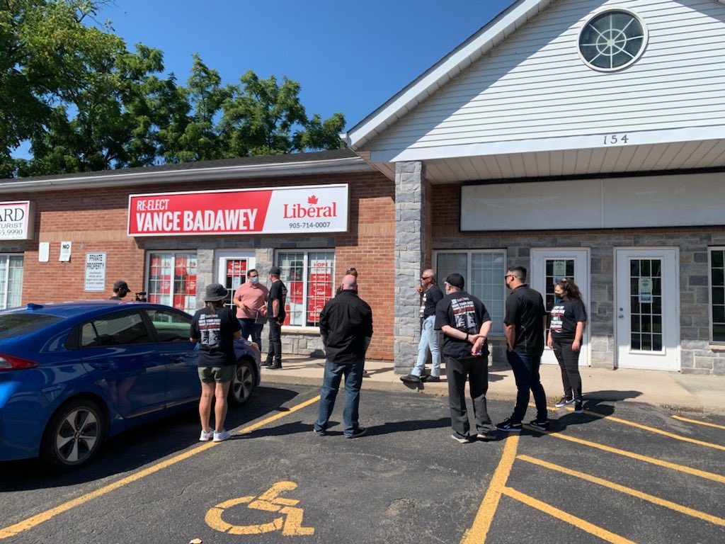 We are at ⁦⁦<a href="/VBadawey/">Vance Badawey</a>⁩ office. They didn’t seem too happy to see us. We, nevertheless, persisted.  ⁦<a href="/liberal_party/">Liberal Party</a>⁩ #wevapewevote #saveflavours
