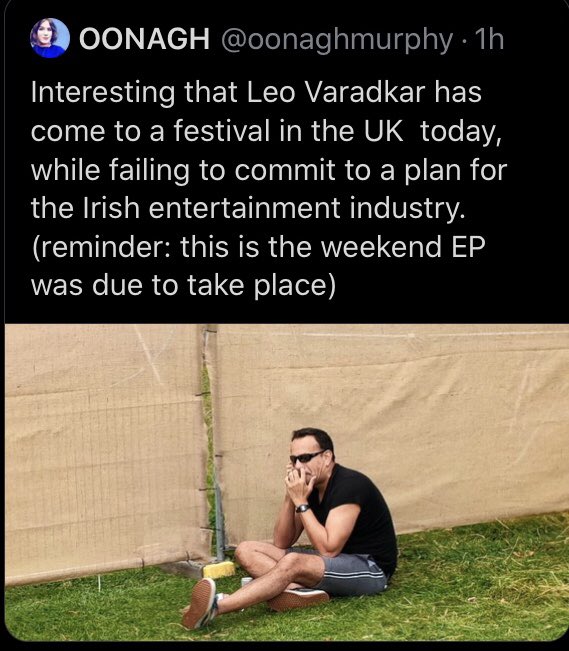 Mark Graham (@redledroll) on Twitter photo On the weekend that Electric Picnic was meant to be on, here is <a href="/LeoVaradkar/">Leo Varadkar</a> at the unsegregated full-on full capacity Might Hoopla Festival London. Entry with Covid passport or PCR test.
Angry? Please let him & his colleagues who have crippled our entertainment industry know On the weekend that Electric Picnic was meant to be on, here is <a href="/LeoVaradkar/">Leo Varadkar</a> at the unsegregated full-on full capacity Might Hoopla Festival London. Entry with Covid passport or PCR test.
Angry? Please let him & his colleagues who have crippled our entertainment industry know