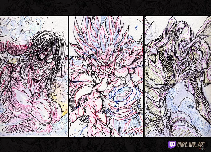 That's Yesterday live drawing result on twitch✌🏼
It went pretty good, i made 3 sketches in a little less then 3h.

Follow me on Twitch:
https://t.co/k0yFwh8b5l
#twitch #livedrawing #gogeta #eren #Eva01 