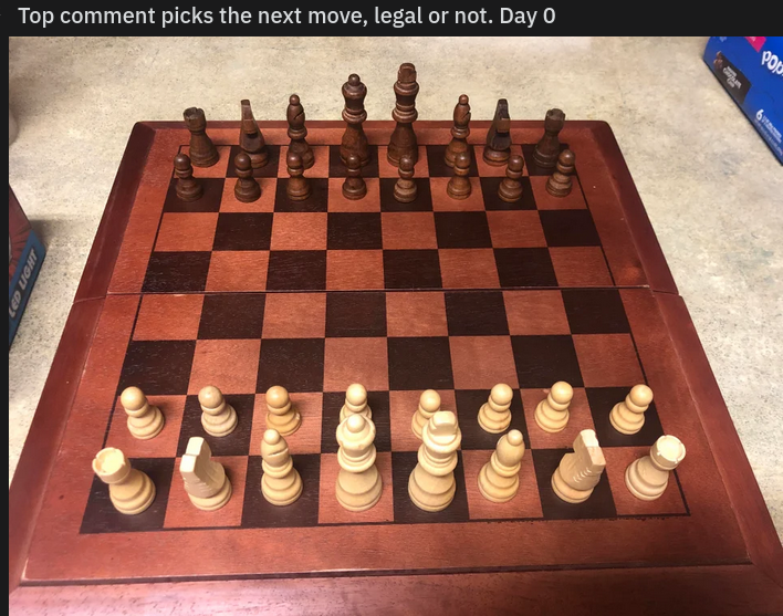 Top comment picks the next move, legal or not. Day 7: 4. White buys a hotel on e5 : r/AnarchyChess