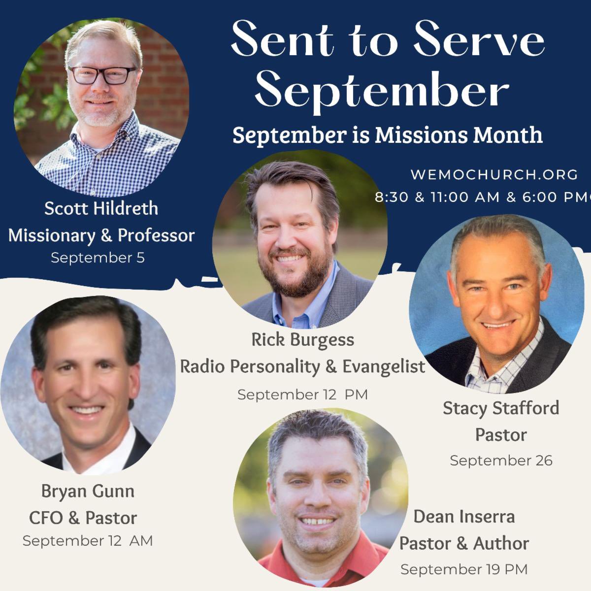 WestMobileBapt's tweet photo. “Sent to Serve September” starts tomorrow and we would love to have you join us at one of our two Sunday morning services (8:30 or 11:00 am) and each Sunday night of the month at 6:00 pm. It will be a great month at WeMo! https://t.co/vdCYTCSriS