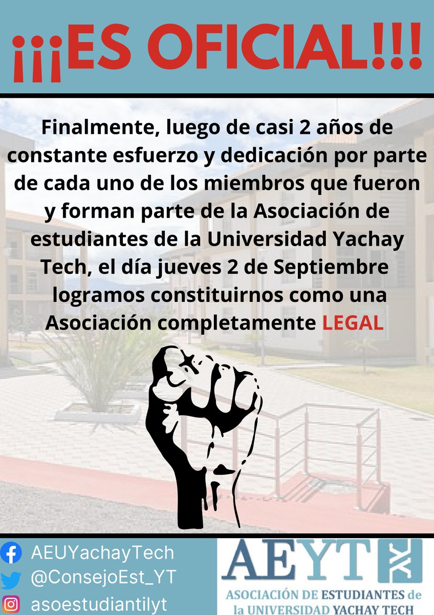 Estudiantes_YT's tweet photo. #YachayTech
Excelentes noticias para la comunidad Universitaria de Yachay Tech. Somos ya una asociación estudiantil Oficial. Esto solo representa grandes beneficios en favor de todos. Se vienen grandes cosas.
#NoSomosSiembraEP
@ConsejoEst_YT
@asoc_tech
@asoet_uitey
@YachayAlumni https://t.co/hkOnlYSN1V