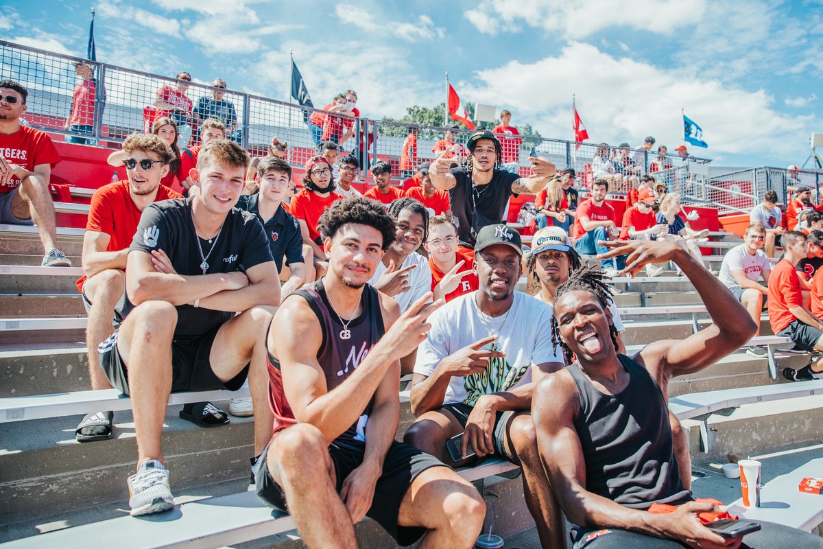 RutgersMBB's tweet photo. ☀️ ‘s Out 💪‘s Out 😎. Squad was pumped to be back supporting @RFootball today in their home opener win at SHI 🏟!
#GardenStatement 🛡⚔️ https://t.co/CSVQ4y9gRR