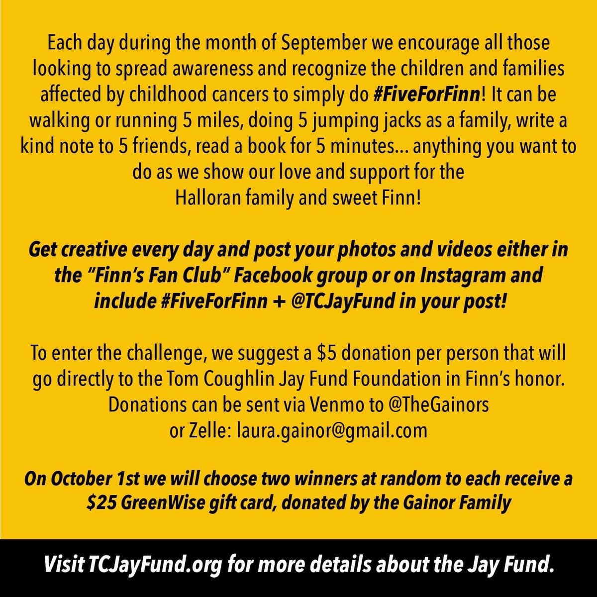 BrianGainor's tweet photo. If you’re looking to support a great cause here in September, join us in doing #FiveForFinn in honor of our incredibly courageous next door neighbor, Finn (age 5)! https://t.co/MHfLZjFF2F
