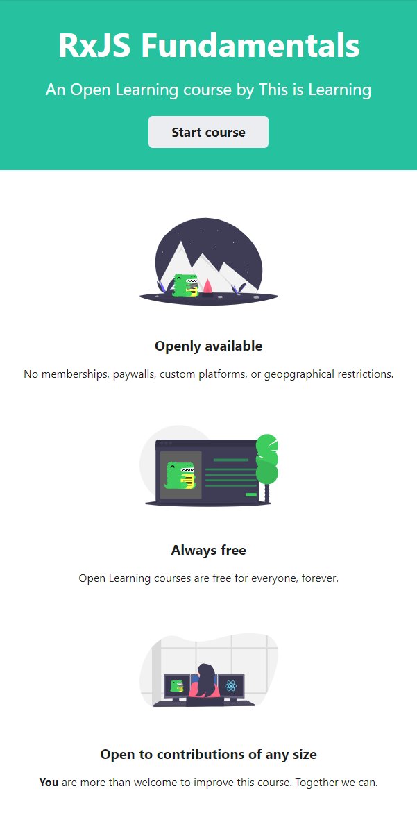 This is Learning is proud to present our first virtual Open Learning course. "RxJS Fundamentals" takes you on a journey to learn basic RxJS skills and concepts. Open to contributions, go ahead and press "Edit this page" 👐 this-is-learning.github.io/rxjs-fundament…
