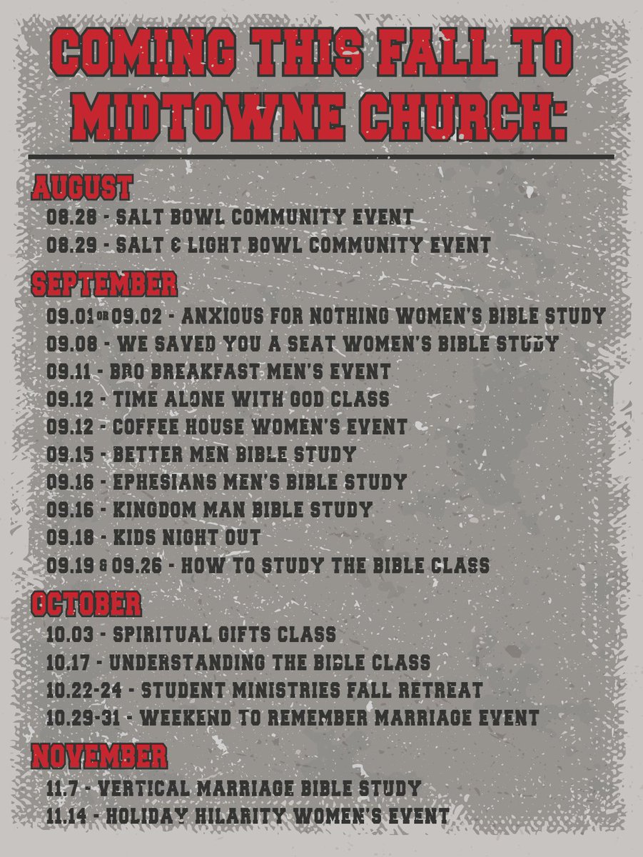 MidtowneChurch's tweet photo. Mark your calendars! We have a lot of great things happening this fall! 

#MidtowneChurch #GodsBest #MidtowneU #MidtowneUniversity #UpcomingEvents https://t.co/FqgO9x0MFc