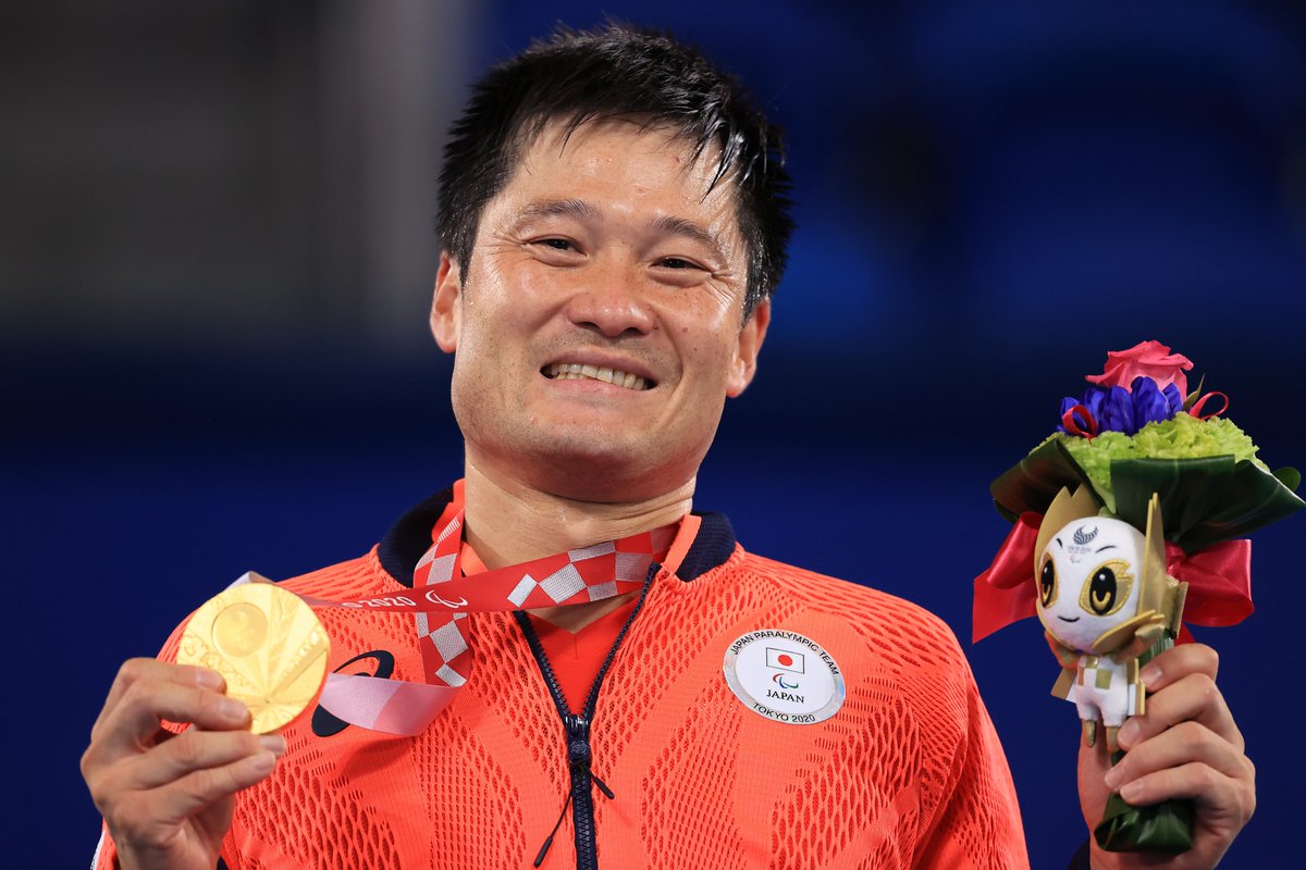 Gold medalist Shingo Kunieda of Team Japan poses in the podium during victory ceremony for Men's singles Wheelchair Tennis on day 11 of the Tokyo 2020 Paralympic Games at Ariake Tennis Park on September 04, 2021 in Tokyo, Japan. 