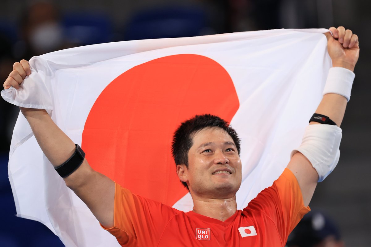 Shingo Kunieda of Team Japan celebrates after winning Men's Singles Gold Medal Match on day 11 of the Tokyo 2020 Paralympic Games at Ariake Tennis Park on September 04, 2021 in Tokyo, Japan.