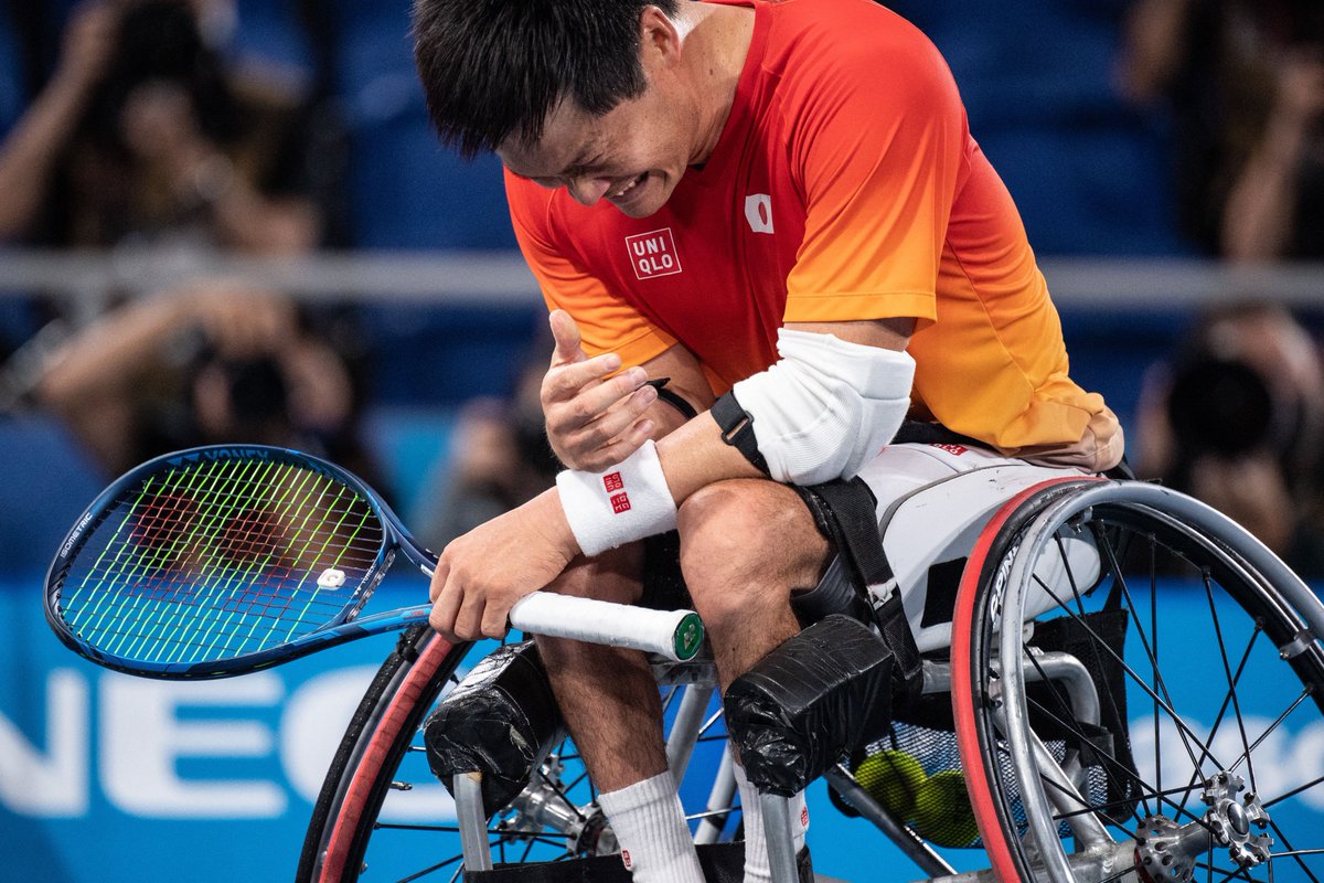 Japan's Shingo Kunieda reacts after winning the men's singles gold medal wheelchair tennis match against Netherlands' Tom Egberink at the Tokyo 2020 Paralympic Games at Ariake Tennis Park in Tokyo on September 4, 2021.