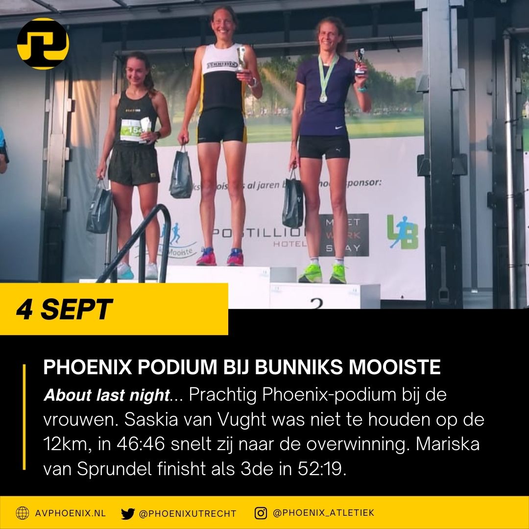 phoenixutrecht's tweet photo. Mooi Phoenix-Podium hoor ๐ ๐ 1๏ธโฃ Saskia van Vught (46:46), 3๏ธโฃ @marisvsprundel (52:19). #BunniksMooiste #12km #avphoenix #fastfasterphoenix https://t.co/Eq4iEP2L7q