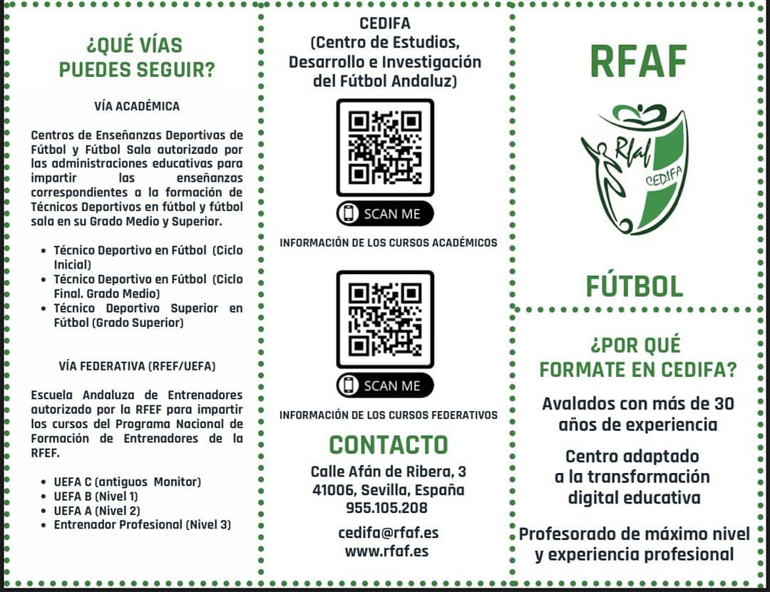 📺🙋🏻‍♀️🙋🏽‍♂️⚽️
👉🏻Para cualquier información 
📞 955105208
🖥 cedifa@rfaf.es o rfaf.es