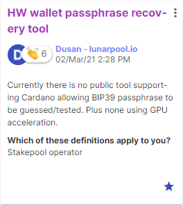 lunarpool_io's tweet photo. Our Fund4 Catalyst project "HW wallet passphrase recover tool" has been delivered! ✌️
BTCrecover now supports seed and passphrase recoveries for Cardano.
https://t.co/I8TWdvUTUg
#catalyst #cardano #hwwallet #recovery https://t.co/qMOv47jgL7