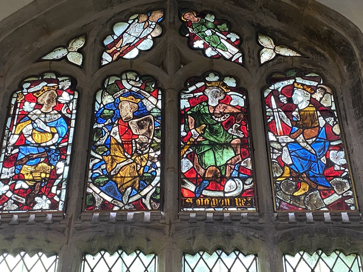 Gough_Janet's tweet photo. Extraordinary #TreeofJesse (ancestors of Christ) stained glass scheme 1320s complete with King David the Psalmist making music and wise King Solomon plus ?donor knight survives in later Perpendicular St Peter Lowick @Peterborodio https://t.co/2kM6I56pFM