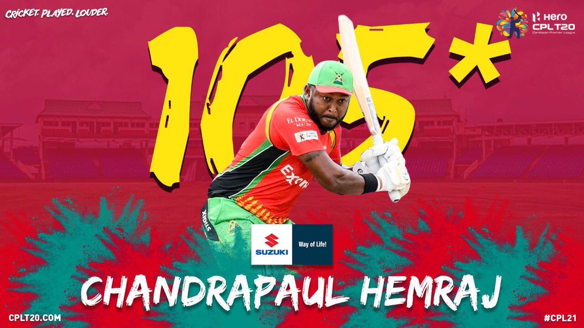 CPL's tweet photo. Take a bow Chandrapaul Hemraj what a performance 👏👏👏   #CPL21 #GAWvBR #CricketPlayedLouder https://t.co/FA9xjmN7GU