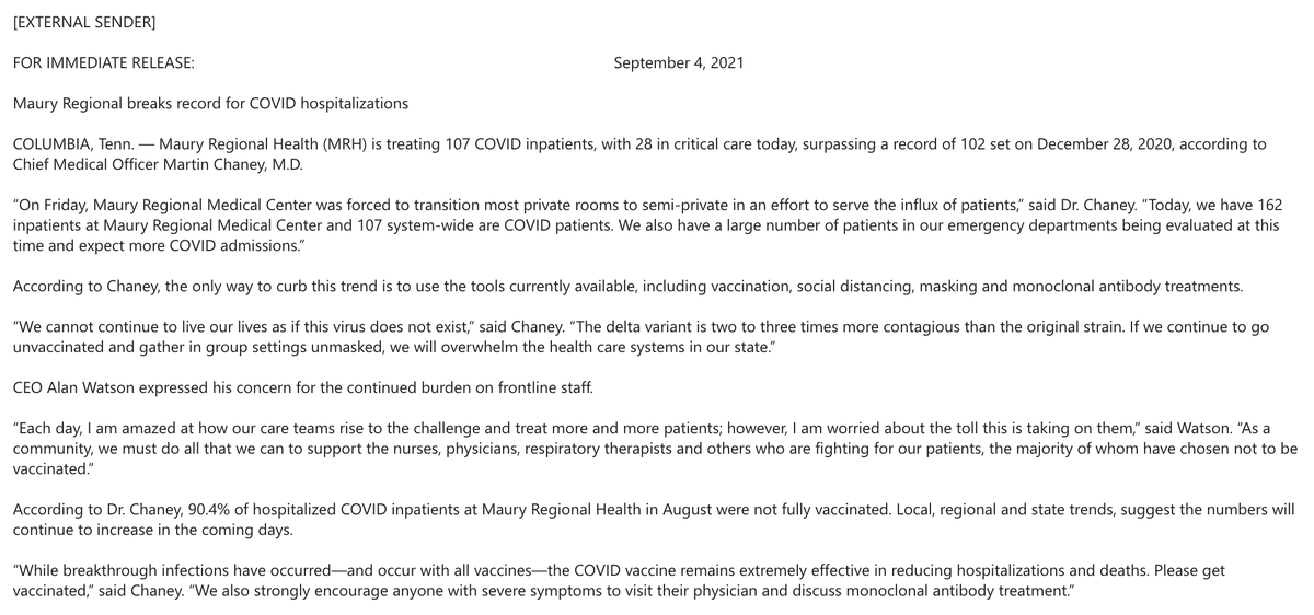 PhilNvestigates's tweet photo. HOSPITAL OVERLOAD: In Columbia, Tennessee, Maury Regional Medical Center has been "forced to transition most private rooms to semi-private" to deal with the flood of #COVID19 patients. #GetVaccinatedNow https://t.co/OxkHX1odGz