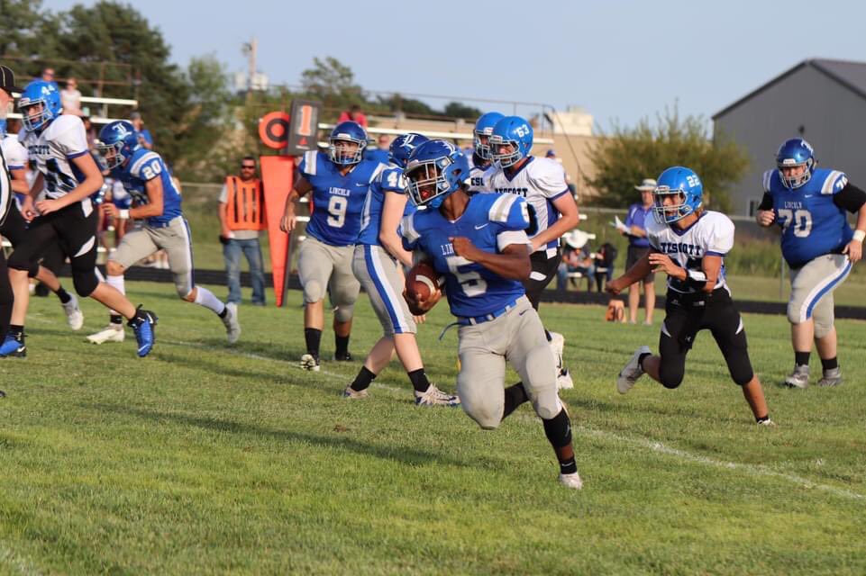 First game as a Sophomore.  Scored three touchdowns (2-offense &amp; 1 defensive) Final score was 48-0.