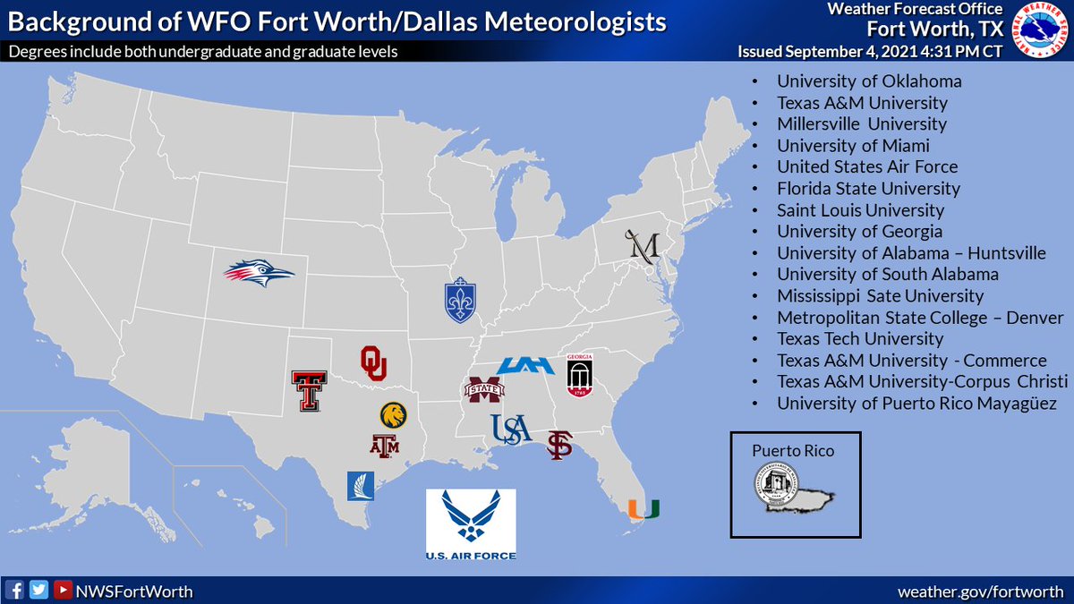 NWSFortWorth's tweet photo. Alright, we've been convinced to jump on the bandwagon. Forgive us for the tardiness, but in honor of #NationalCollegeColorsDay, here's where all of the meteorologists at our office have studied! Texas A&amp;M was our top attended school (11), with OU in second place (6).  🌤⛈🎓 https://t.co/PfxNRJt656
