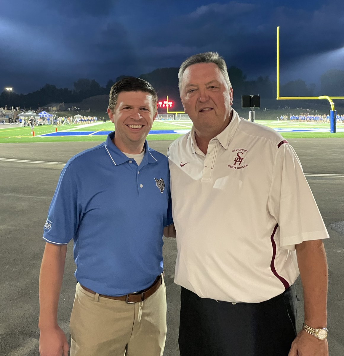WataugaOrtho's tweet photo. What a great night it was for West Ridge High School’s inaugural home game! 🏈

With Dr. Chris Carver on the Wolves’ sideline and Dr. Todd Fowler on the Toppers’ sideline-we felt like winners either way. 

Congratulations to the Toppers on their win!

#sportsmedicine #wataugaway https://t.co/c0OBdVpbwb