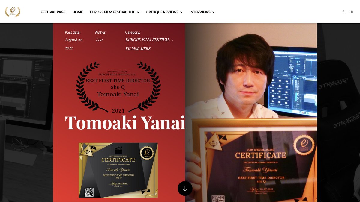 sheQ_officialT's tweet photo. I am so grateful and honored to be the Award Winner.
And it is a great memorial to have my interview article posted.
Thank you so much to Europe Film Festival U.K for this incredible opportunity!!!!!
#sheQ #movie #EFFUK
#TomoakiYanai #firsttimedirector #AwardWinning https://t.co/IpDJNSjtbf
