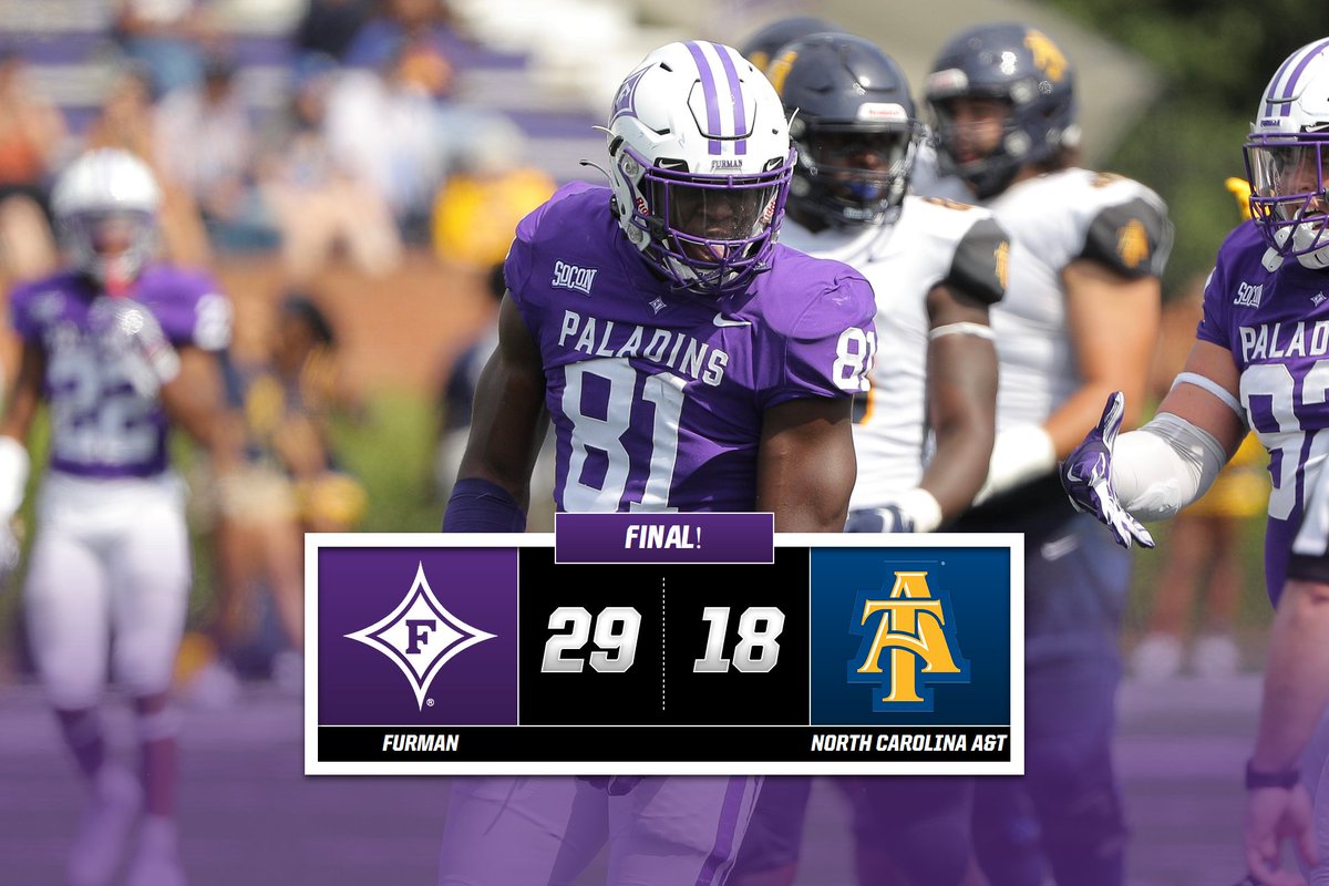 PaladinFootball's tweet photo. Furman defeats FCS 24th/25th-ranked N.C. A&amp;T in the season opener. https://t.co/S8JeBeiJmO