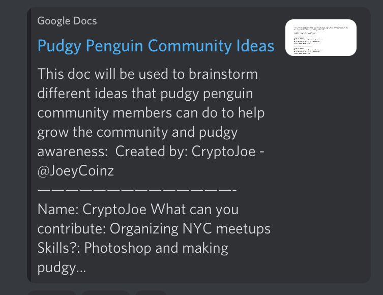 JoeyCoinz's tweet photo. Put together a Google Doc for @Pudgy_Penguins community members to brainstorm ideas, put down skills we have, &amp; ways we can help grow the community. DM me if u want access and want to help Penguins grow https://t.co/Cq4rPq4zKx